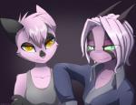 anthro breasts clothed clothing duo female fur hair half-closed_eyes horn narrowed_eyes pink_body pink_fur pink_hair shirt tank_top topwear yellow_eyes naomi2321 dreamkeepers namah_calah viriathus_vayu mammal 2016 absurd_res hi_res