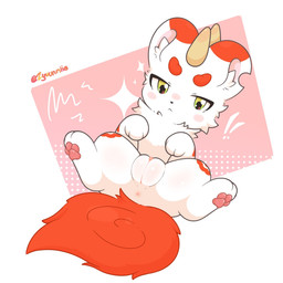 anus blush blush_lines clitoris crossgender exclamation_point female feral fluffy fluffy_tail fur genitals green_eyes half-closed_eyes horn looking_at_viewer narrowed_eyes neck_tuft pawpads plump_labia presenting presenting_vulva red_body red_fur solo tail tuft vulva white_body zyuuniie fabulous_beasts bixie_(fabulous_beasts) 1:1 hi_res signature