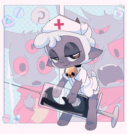 3_eyes ambiguous_anthro ambiguous_gender anthro band-aid bandage bell bell_collar blush collar comically_large_object duo fur grin multi_eye red_eyes smile syringe white_body white_fur white_wool wool_(fur) xamsdy cult_of_the_lamb massive_monster_(studio) lamb_(cult_of_the_lamb) narinder bovid caprine domestic_cat felid feline felis mammal sheep 2026 digital_drawing_(artwork) digital_media_(artwork) hi_res