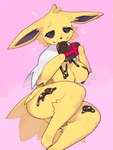 3_fingers 3_toes anthro areola big_breasts breasts butt candy canid canine chocolate chocolate_bar dessert digital_media_(artwork) eeveelution feet female fingers food fur generation_1_pokemon half-closed_eyes heart_symbol hi_res holding_food holding_object holidays jolteon kame_3 looking_at_viewer mammal narrowed_eyes nintendo nipples pokemon pokemon_(species) simple_background smile solo spiral_eyes toes valentine's_day white_body white_fur yellow_areola yellow_body yellow_fur yellow_nipples