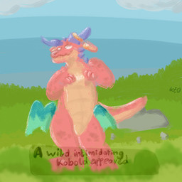anthro gameplay_mechanics intimidation landscape male shy smile solo submissive submissive_male text text_box keoplays_(artist) red_(redishdragie) kobold scalie 1:1 english_text