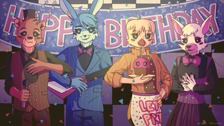 5_fingers anthro beak black_nose blue_body blue_eyes blue_fur bottomwear bow_tie breasts brown_body brown_fur brown_inner_ear_fluff clothed clothing dress electric_guitar electronics eyebrows female fingers fur group guitar hat head_tuft headgear headwear inner_ear_fluff inside male microphone musical_instrument night orange_beak orange_eyes pants plate plucked_string_instrument purple_eyes red_nose shirt small_breasts standing string_instrument text top_hat topwear tuft vest yellow_body yellow_eyes naturanevie five_nights_at_freddy's five_nights_at_freddy's_2 scottgames cupcake_(fnaf) mangle_(fnaf) toy_bonnie_(fnaf) toy_chica_(fnaf) toy_freddy_(fnaf) avian bear bird canid canine chicken fox galliform lagomorph leporid mammal phasianid rabbit 16:9 english_text shaded widescreen