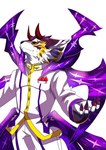 5_fingers anthro black_nose claws clothing eyewear fingers fur glasses horn male purple_body purple_fur red_eyes simple_background solo spread_arms white_background white_body white_clothing white_fur wings naruse(artist) lifewonders tokyo_afterschool_summoners bael_(tas) canid canine canis demon jackal mammal