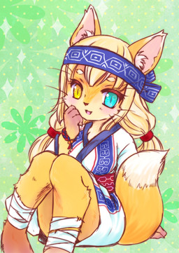abstract_background ainu_clothing anthro arm_support asian_clothing bent_legs biped blonde_hair blush breasts clothed clothed_anthro clothed_female clothing dipstick_tail east_asian_clothing female female_anthro fur hair headgear headkerchief headwear heterochromia inner_ear_fluff kerchief leg_wraps markings orange_body orange_fur pattern_clothing simple_background sitting solo tail tail_markings tied_hair tuft whiskers wraps wristband yawarakakantai canid canine fox mammal 2014 digital_media_(artwork) japanese_description
