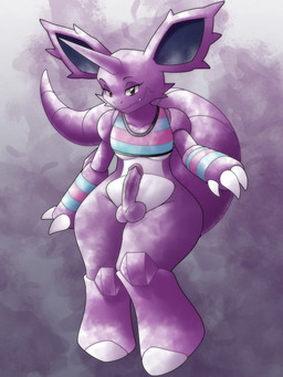 1_toe 3_claws anthro armwear balls belly big_ears big_tail biped bottomless bottomless_anthro bottomless_male brown_eyes circumcised claws clothed clothed_anthro clothing erection eyelashes eyeliner femboy finger_claws front_view genitals glans gynomorph horn humanoid_genitalia humanoid_penis intersex lgbt_pride looking_at_viewer makeup male midriff overhang pattern_clothing penis pokemorph pride_colors purple_body purple_ears purple_genitals purple_horn purple_tail segmented_arms segmented_body segmented_legs segmented_tail sharp_teeth simple_background snaggle_teeth solo standing striped_clothing stripes tail teeth text thick_thighs topwear white_claws wide_hips greatmothsucks game_freak nintendo pokemon fan_character kodoku_(dumbonigirl) generation_1_pokemon nidoking pokemon_(species) 2025 3:4 colored digital_drawing_(artwork) digital_media_(artwork) full-length_portrait hi_res portrait trans_(lore) trans_woman_(lore)