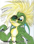 2006 4_arms alaer alien black_claws black_eyes blonde_hair character_name chopsuey_(lilo_and_stitch) claws colored_pencil_(artwork) disney distracting_watermark ears_down english_text experiment_(lilo_and_stitch) fur green_body green_fur green_nose hair lilo_and_stitch looking_at_viewer mixed_media mohawk multi_arm multi_limb pivoted_ears simple_background smile solo text traditional_media_(artwork) url watermark white_background yellow_body yellow_fur