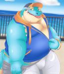 anthro bedroom_eyes belly big_belly blep blue_body blush bottomwear bottomwear_down clothed clothing hat headgear headwear hoodie looking_at_viewer male narrowed_eyes outside overweight overweight_male pants pants_down partially_clothed seductive slightly_chubby smile solo speedo standing swimwear teasing tongue tongue_out topwear undressing bake_gosut lifewonders tokyo_afterschool_summoners makara_(tas) crocodile crocodilian reptile scalie hi_res portrait three-quarter_portrait