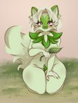 anthro anthrofied blush breasts female fur gradient_background grass green_body green_fur nude plant pokemorph simple_background solo bunnywhiskerz nintendo pokemon felid feline generation_9_pokemon mammal pokemon_(species) sprigatito 2022 digital_media_(artwork) hi_res shaded