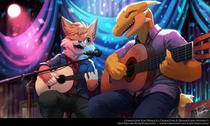 acoustic_guitar anthro black_bottomwear black_clothing black_pants blue_bottomwear blue_clothing blue_eyes blue_pants blue_topwear bottomwear cheek_tuft clothed clothing duo eyes_closed facial_tuft fur guitar hair happy inside male musical_instrument neck_tuft one_eye_closed open_mouth open_smile orange_body orange_fur orange_hair pants playing_guitar playing_music plucked_string_instrument purple_clothing purple_topwear short_hair sitting smile string_instrument tail text topwear tuft white_body white_fur penguinexperience mythology canid canine canis domestic_dog dragon mammal mythological_creature mythological_scalie scalie 5:3 english_text signature url