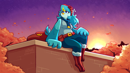 anthro autumn bag beak belt belt_buckle blue_body blue_bottomwear blue_clothing blue_eyes blue_feathers blue_fur blue_hair blue_pants blush boots border bottomwear breasts brick buckle building cheek_tuft chest_tuft clothed clothing covered_breasts curvy_figure detailed_background eyebrow_through_hair eyebrows eyelashes eyewear facial_tuft feather_hair feather_hands feathered_wings feathers female fingers footwear fur gesture goggles hair hand_gesture hand_on_leg happy leaf long_hair looking_up mountain multicolored_hair neck_tuft non-mammal_breasts outside pants plant pseudo_hair scarf shirt shoes simple_background sitting sky smile solo sun sunrise tail tail_feathers text thick_thighs topwear translucent translucent_hair tree tuft white_background white_border white_clothing white_topwear wide_hips wind winged_arms wings yellow_beak stephsartlab undertale undertale_(series) undertale_yellow martlet_(undertale_yellow) avian bird monster 16:9 digital_media_(artwork) english_text hi_res widescreen