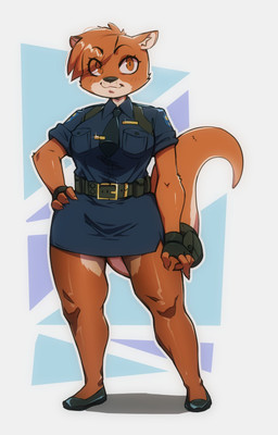 anthro biped blue_clothing breasts brown_body brown_hair clothed clothing eyelashes female fingerless_gloves gloves hair hand_on_hip handwear police police_officer pupils simple_background smile solo standing mcfli mammal mustelid otter absurd_res hi_res