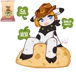 anthro blue_eyes cheese clothing cowboy cowboy_hat dairy_products female food hat headgear headwear solo text koda_walker radost_vkusa bovid bovine cattle mammal russian_text