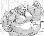 anthro belly big_belly bottomwear clothing earpiece fist flexing hat headgear headwear huge_muscle male musclegut muscular pants shirt solo topwear vein veiny_muscles fierglief haplorhine mammal monkey primate 2018 absurd_res hi_res monochrome