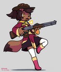 amber_eyes anthro asian_clothing bell boots brown_body brown_fur clothing cowboy_hat dipstick_tail east_asian_clothing female footwear fur gun hair hat headgear headwear holding_object holding_weapon kerchief legwear lever_action_rifle markings neckerchief neckwear open_mouth ponytail pouches ranged_weapon shoes simple_background solo soul tail tail_markings weapon young young_anthro young_female frigadae undertale_(series) undertale_yellow kanako_ketsukane canid canine fox mammal 2023 dated digital_drawing_(artwork) digital_media_(artwork) hi_res signature