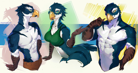 5_fingers abs anthro arthropod_abdomen athletic bared_chest beak biped blue_body blue_eyes blue_tail bottomwear bra breasts brown_bottomwear brown_clothing brown_pants claws clothed clothed_anthro clothed_female clothed_male clothing countershade_abdomen countershade_arms countershade_neck countershade_snout countershade_torso countershading eye_markings feathers female finger_claws fingers fluffy_head front_view glistening glistening_eyes green_clothing green_eyes green_topwear head_tuft hooked_beak looking_at_viewer male markings multicolored_beak multicolored_body multicolored_eyes navel pants scuted_arms scutes simple_background snout sports_bra striped_feathers striped_markings stripes tail topwear tuft two_tone_body underwear white_eye_markings white_eyelids yellow_beak yellow_eyelids momobeda animal_humanoid avian avian_humanoid bird bird_humanoid humanoid lovebird parrot parrot_humanoid true_parrot 2025 digital_drawing_(artwork) digital_media_(artwork)