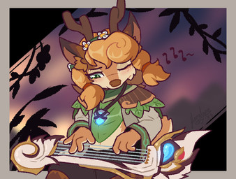 accessory anthro antlers blonde_hair eyelashes female flower flower_accessory flower_in_hair flower_on_head green_eyes hair hair_accessory hairclip headband hooves horn jewelry necklace plant solo floralope gunfire_reborn yoyo_(gunfire_reborn) deer mammal