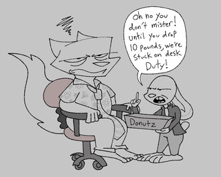 accessory aloha_shirt ambiguous_gender angry annoyed anthro bottomwear box buckteeth chair closed_frown clothed clothing container cotton_tail dialogue dot_eyes doughnut_box duo ears_down feet fingers fluffy fluffy_tail frown fur furniture gesture grey_arms grey_background grey_body grey_bottomwear grey_clothing grey_ears grey_face grey_feet grey_fur grey_hands grey_jacket grey_neck grey_nose grey_pants grey_shirt grey_tail grey_tie grey_topwear hand_gesture holding_box holding_container holding_object jacket long_feet long_tail looking_at_another looking_at_viewer male mouth_closed necktie office_chair on_chair open_frown open_mouth pants pattern_clothing pattern_shirt pattern_topwear pivoted_ears pointing pointing_up pointy_ears prick_ears rabbit_feet shirt simple_background simple_eyes sitting sitting_on_chair speech_bubble standing tail teeth text tongue topwear triangle_nose rumcoat disney zootopia judy_hopps nick_wilde canid canine fox lagomorph leporid mammal rabbit digital_drawing_(artwork) digital_media_(artwork) english_text handwritten_text hi_res