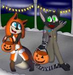 blue_eyes candy dessert duo flight_suit food green_eyes holidays lights male stripes liuthekitty775 halloween diego_montano_(djcjx) xenxen canid canine domestic_cat felid feline felis fox mammal mustelid otter