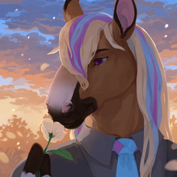 accessory anthro blonde_hair blue_hair blue_necktie blue_sky brown_body brown_fur clothed clothing cloud detailed_background flower front_view fur grey_clothing grey_topwear hair male mouth_closed necktie orange_sky outside plant purple_eyes purple_hair sky solo topwear unsigned white_body white_flower white_fur corzh77 equid equine horse mammal 1:1 absurd_res bust_portrait detailed hi_res icon portrait