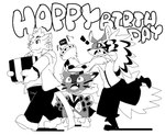 anthro birthday_gift bow_ribbon box container gift_box group male present_box smile text trio samoi_chan lifewonders tokyo_afterschool_summoners cait_sith_(tas) seth_(tas) sitri_(tas) canid canine canis domestic_cat felid feline felis jackal mammal english_text line_art monochrome