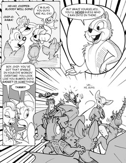 anthro bloodshot_eyes breasts buckteeth clenched_teeth clothing constricted_pupils dialogue eye_popping female group hair happy impact_lines male ponytail proud pupils shocked small_pupils sweater teeth text topwear trio turtleneck wild_take chris_fischer chip_'n_dale_rescue_rangers disney chip_(disney) dale_(disney) foxglove_(cdrr) gadget_hackwrench monterey_jack_(cdrr) tammy_squirrel zipper_(cdrr) arthropod bat chipmunk fly_(animal) ground_squirrel insect mammal mouse murid murine rodent sciurid tree_squirrel comic english_text hi_res monochrome