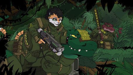 anthro armor black_hair explosives female feral forest fur green_body grenade group gun hair holding_gun holding_object holding_ranged_weapon holding_weapon jungle macuahuitl male melee_weapon multicolored_body multicolored_fur orange_body orange_fur plant ranged_weapon red_body red_eyes riding science_fiction tactical_gear tail tree trigger_discipline trio two_tone_body two_tone_fur weapon white_body white_fur yellow_eyes yawg the_iron_reef drudgegut galjin mia_(yawg) dinosaur felid mammal pantherine prehistoric_species reptile scalie tiger hi_res