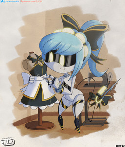 blue_hair clothing dress female fingers hair hazard_stripes headgear headwear machine not_furry ponytail ribbons screen_eyes sewing sewing_needle solo syringe tail white_body yellow_eyes jackintaro glitch_productions murder_drones fan_character android disassembly_drone humanoid robot robot_humanoid tailed_humanoid absurd_res digital_media_(artwork) hi_res