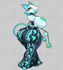 anthro armless big_breasts big_butt blue_clothing blue_ears blue_hair breasts butt choker cleavage clothed clothing dress electronics female floating_hands grey_background hair heart_symbol holding_microphone holding_object huge_breasts huge_butt jewelry machine microphone necklace nipple_outline simple_background smile solo tail text thick_thighs white_body yellow_eyes nupi deltarune forbidden_pants undertale_(series) tasque_manager automaton felid feline mammal robot robot_anthro hi_res