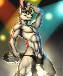 abs animal_genitalia anthro balls_in_underwear biceps brown_hair chest_tuft clothing fur genitals grey_body grey_fur hair low-angle_view male muscular muscular_anthro muscular_male pecs penis penis_poking_out penis_tip pole red_penis sheath sheath_poking_out solo stripper_pole tail thong tuft underwear white_sheath yellow_eyes vallhound canid canine canis mammal wolf digital_media_(artwork) hi_res portrait three-quarter_portrait
