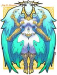 3_toes 4_arms 4_toes avian_feet belly_eye bird_legs blue_eyes breasts clothed clothing cross_pupils eyeless eyes_on_wings feet female halo medium_breasts monster_girl_(genre) monster_girl_challenge multi_arm multi_limb pasties pupils scuted_arms scutes skimpy smile solo symbol-shaped_pupils thick_thighs toes unusual_anatomy unusual_eye_placement unusual_pupils unusual_wings white_body white_skin wings yellow_sclera bangboodoragon angel humanoid monster seraph_(angel) 2021 absurd_res hi_res