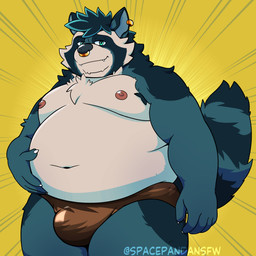 anthro belly big_belly blue_eyes bulge clothing ear_piercing ear_ring facial_piercing male moobs navel nipples nose_piercing nose_ring overweight overweight_male piercing ring_piercing solo standing underwear spacepanda mammal procyonid raccoon 1:1 2025 absurd_res hi_res