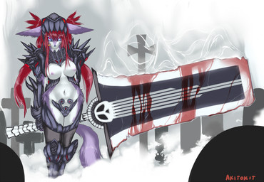 anthro armor biped black_nose blood blue_eyes bodily_fluids boots breasts cemetery clothed clothing cross female footwear hair long_hair looking_at_viewer melee_weapon midriff navel nipples red_hair shoes skimpy smoke solo spikes standing sword tail unconvincing_armor weapon akitokit canid canine fox mammal hi_res