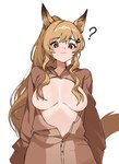 2024 animal_humanoid arknights blonde_hair breasts canid canid_humanoid canine canine_humanoid ceobe_(arknights) clothed clothing convenient_censorship exposed_breasts female fox_humanoid hair hair_covering_breasts hi_res humanoid hypergryph jasonkim mammal mammal_humanoid open_clothing open_shirt open_topwear question_mark red_eyes shirt simple_background solo studio_montagne topwear white_background