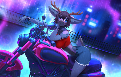 anthro antlers biped bottomwear breasts butt clothed clothed_anthro clothed_female clothing female fingers front_view fully_clothed fully_clothed_anthro fully_clothed_female fur hair horn looking_at_viewer motorcycle raining smile solo tail topwear vehicle sleepyhelen deer mammal 2026 digital_drawing_(artwork) digital_media_(artwork) hi_res gynomorph_(lore)