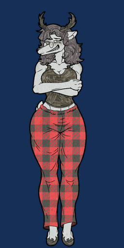 anthro black_hair black_nose breast_squish breasts cleavage clothed clothing crossed_arms curly_hair eyewear female freckles glasses hair horn pajamas sharp_teeth shirt shy smile smiling_at_viewer solo squish tank_top teeth thick_thighs topwear wearing_glasses ajicitoart deer mammal absurd_res alpha_channel hi_res