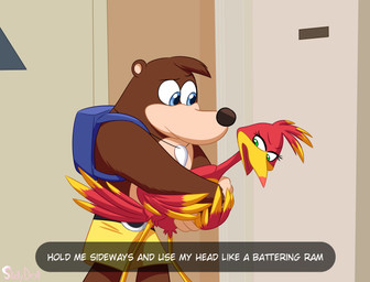 backpack beak blue_eyes brown_body brown_fur dialogue door duo eyebrows eyelashes feathers female fur green_eyes male open_mouth raised_eyebrow red_body red_feathers speech_bubble text skelly_doll banjo-kazooie it's_always_sunny_in_philadelphia rareware banjo_(banjo-kazooie) kazooie avian bear breegull brown_bear mammal ursine 2019 english_text hi_res lol_comments