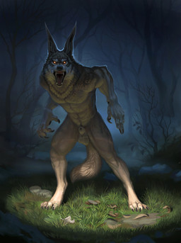 4_toes 5_fingers animal_genitalia anthro balls biped claws detailed_background digitigrade fangs feet finger_claws fingers forest genitals glowing glowing_eyes grass long_ears looking_at_viewer male night nude open_mouth outdoor_nudity outside plant sheath solo tail teeth toe_claws toes tongue tree hibbary mythology canid canine mammal mythological_canine mythological_creature werecanid werecanine werecreature werewolf 2022 shaded