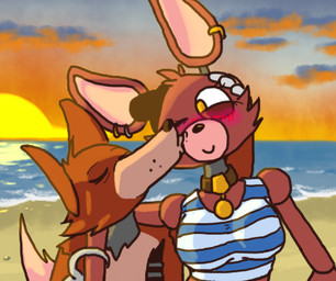 anthro blush clothed clothing crossgender duo eyes_closed female machine male male/female mtf_crossgender one_eye_closed smile sunset gud five_nights_at_freddy's scottgames foxy_(fnaf) animatronic canid canine fox mammal robot low_res