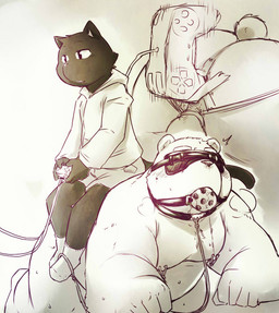all_fours anal anal_penetration anthro anus ball_gag balls bdsm belly blindfold bondage bottomwear bound butt clothing controller dominant dominant_male duo gag game_controller gaming genitals hoodie improvised_sex_toy improvised_vibrator kemono larger_sub male moobs nipples overweight overweight_anthro overweight_male penetration playing_video_game shorts sitting sitting_on_another size_difference submissive submissive_male topwear chiro_(artist) bear domestic_cat felid feline felis mammal 2015