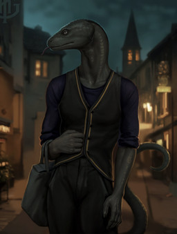 5_fingers anthro black_bottomwear black_clothing black_pants black_topwear black_vest blurred_background bottomwear clothed clothing fingers forked_tongue front_view glistening glistening_eyes grey_body grey_eyes grey_scales grey_tail male male_anthro mouth_closed outside pants purple_clothing purple_topwear scales slim_anthro slim_male solo standing tail tongue tongue_out topwear vest himeragoldtail reptile scalie snake absurd_res hi_res