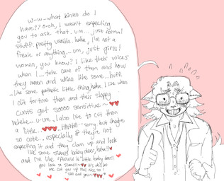 anthro awkward awkward_smile biped black_text bodily_fluids clenched_teeth ellipsis exclamation_point eyewear female fist fluffy fluffy_tail gesture glasses hand_gesture heart_symbol looking_at_viewer pink_background pointing rectangular_glasses simple_background solo sweat sweatdrop tail talking_to_viewer teeth text tilde_after_text wearing_glasses sepulturegirl sophia_(sepulture_girl) canid mammal english_text handwritten_text hi_res