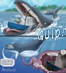 anthro anthro_pred baleen belly black_body black_clothing black_hat black_headwear black_tail blue_bottomwear blue_clothing blue_shirt blue_shorts blue_topwear boat bottomwear cetacean_tail clothing dialogue dorsal_fin feral feral_pred fin fishing_rod green_eyes group hat headgear headwear human_prey inside_stomach male male_pred object_vore oral_vore sea shirt shorts speech_bubble tail talking_feral text tongue topwear trio vehicle vore water watercraft white_belly white_fin window yellow_clothing yellow_shirt yellow_topwear akaikosh ardi_(darthardios) aquatic baleen_whale cetacean human humpback_whale mammal whale 2024 comic english_text hi_res watermark