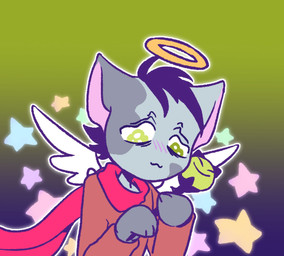 anthro blush clothing feathered_wings feathers green_eyes hairless halo heterochromia jacket male pattern_background rounded_star_polygon scarf simple_background solo star star-shaped_background star_polygon topwear wings ice50067617 90_percent_studios purrfect_apawcalypse felix_munch bambino domestic_cat felid feline felis hairless_cat mammal munchkin_cat sphynx_(cat) hi_res