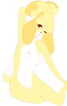 anthro breasts brown_eyes feet female foot_grab fur hair hand_behind_head hand_on_foot nipples open_mouth simple_background sitting small_breasts solo teeth white_background yellow_body yellow_fur bunpetals animal_crossing nintendo isabelle_(animal_crossing) canid canine canis domestic_dog mammal shih_tzu toy_dog hi_res