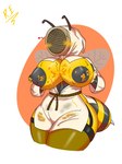 3:4 antennae_(anatomy) anthro areola arthropod arthropod_abdomen bee beekeeper big_breasts blush blush_lines bodily_fluids breasts clothing exposed_breasts female food grey_areola grey_nipples heart_symbol hi_res honey_(food) huge_breasts hymenopteran insect insect_wings lactating lactating_honey mask nipples pink_background raul_maduro simple_background solo stinger_(anatomy) thick_thighs unusual_bodily_fluids unusual_lactation white_background white_clothing wide_hips wings yellow_body