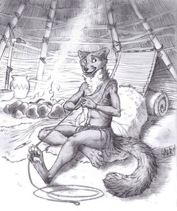 anthro biped campfire claws clothing female female_anthro hut inside knife looking_aside neck_tuft paws rope rug sitting smile solo tail toe_claws tribal tuft 0laffson gulonine mammal marten mustelid musteline 2026 greyscale hi_res monochrome traditional_media_(artwork)