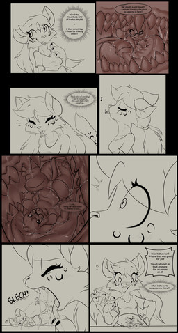 3_toes accessory anthro blush blush_lines bodily_fluids bottomwear bow_ribbon claws clothed clothed_anthro clothed_female clothing crop_top dialogue dripping duo enjoying eyebrows eyelashes fangs feet female female/female finger_claws flustered freckled_face freckles fully_clothed fully_clothed_anthro fully_clothed_female furgonomics imminent_vore in_mouth inside_mouth larger_female mouth_closed open_mouth panicking pigtails raised_eyebrow raised_eyebrows realization ribbons saliva saliva_drip saliva_on_body saliva_on_clothes saliva_on_clothing saliva_on_face saliva_on_tongue saliva_string sharp_teeth shirt shorts size_difference smaller_female speech_bubble spitting_out sweater tail tail_accessory tail_ribbon teeth text thought thought_bubble thoughts toe_claws toes tongue tongue_out topwear twintails_(hairstyle) muhny chloe_(muhny) edie_(muhny) domestic_cat felid feline felis mammal mouse murid murine rodent absurd_res comic english_text hi_res multiple_images sketch sketch_page