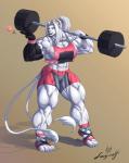 abs anthro barbell big_breasts big_muscles breasts female heart_symbol huge_muscles hyper hyper_muscles multi_tail muscular muscular_female pecs pecs_with_breasts scar solo tail thick_thighs agonwolfe kincade felid lion mammal pantherine absurd_res hi_res