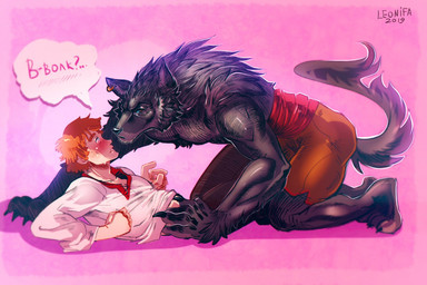 5_fingers all_fours anthro blue_eyes blush bottomwear claws clothed clothing clothing_lift dialogue dominant dominant_anthro dominant_male duo ear_piercing ear_ring eye_contact eyebrows fingers fluffy fur fuzzy grey_body grey_fur hair half-closed_eyes human_on_anthro interspecies looking_at_another looking_up lying male male/male muscular muscular_anthro muscular_male narrowed_eyes on_back orange_hair pants piercing pink_background ring_piercing shirt shirt_lift short_hair side_view simple_background size_difference speech_bubble stuttering submissive submissive_human submissive_male surprised tail text topless topwear underneath underneath_another leonifa ivan_tsarevich_and_the_grey_wolf ivan_tsarevich seriy_volk canid canine canis human mammal wolf 2019 russian_text signature translated