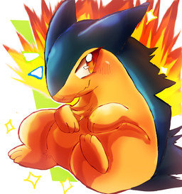 anthro bar_emanata belly big_eyes blue_body blue_fur blush blush_lines border daww emanata featureless_crotch fire flaming_hair flaming_mane fluffy fur glistening glistening_eyes green_background male neck_tuft pseudo_hair pseudo_mane red_eyes semi-anthro simple_background solo sparkles tan_body tan_fur tuft white_background white_border felipotyphlosion nintendo pokemon badger generation_2_pokemon mammal mustelid musteline pokemon_(species) typhlosion hi_res